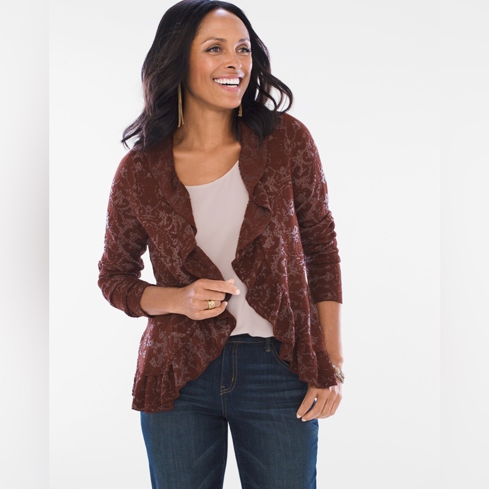 Chicos Burnout Cardigan Size 0 Copper Ruffle Neck Open Front Knit Sweater Small